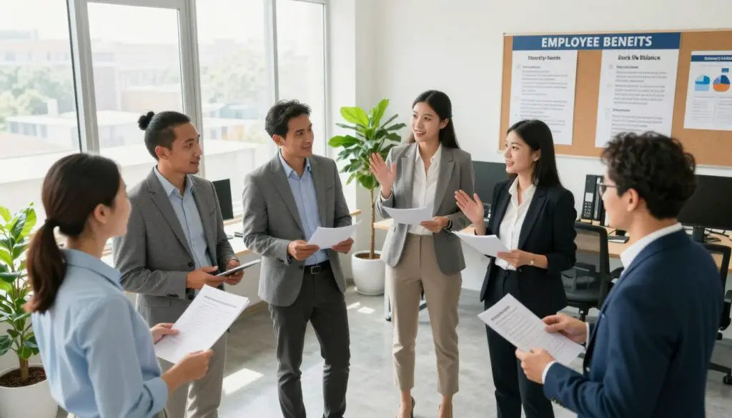 A vibrant workplace scene showcasing benefits and incentives for workers. In the foreground, a group of diverse professionals in business attire are engaged in a lively discussion, some holding documents and others gesturing animatedly. The middle ground features a bright, modern office space with large windows, allowing natural light to flood in, enhancing a positive atmosphere. Plant life adds a touch of green, symbolizing growth and well-being. In the background, a bulletin board highlights employee benefits such as health programs and work-life balance initiatives. The image is captured from a slightly elevated angle, evoking a sense of community and collaboration. The overall mood is uplifting and motivational, emphasizing the importance of quality of life for workers.