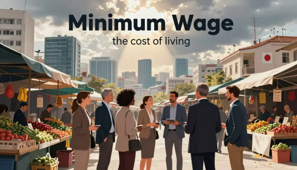 A visually striking illustration depicting the impact of minimum wage on the cost of living in Turkey, set in a contemporary urban environment. In the foreground, a diverse group of professionals, dressed in smart business attire, engage in discussion near a bustling market with vendors showcasing local produce and goods. The middle ground features a skyline of modern buildings, symbolizing economic growth and opportunities. The background captures a cloudy sky with rays of sunlight breaking through, reflecting hope and challenges in the economy. The scene is well-lit to emphasize the vibrancy of daily life, with a balanced composition that invites viewers to reflect on the interconnectedness of wages and living costs. The mood is thoughtful yet optimistic.