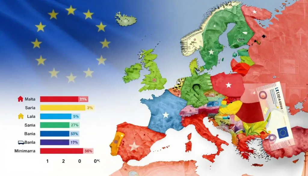 A visually striking infographic-style illustration depicting the comparison of minimum salaries across the European Union, with Malta prominently featured. In the foreground, showcase a stylized representation of Malta's currency, the euro, blended with symbols of various EU countries to indicate salary differences. In the middle ground, use a chart format displaying salaries, each bar color-coded for different countries, with icons representing essential living expenses like housing, food, and transportation. In the background, subtly illustrate the EU flag and iconic landmarks from various member states to evoke a sense of unity. Utilize bright, engaging colors and soft, even lighting to maintain a professional atmosphere, emphasizing clarity and readability. The image should capture the essence of salary comparison in a cohesive and informative manner, free of any text elements.