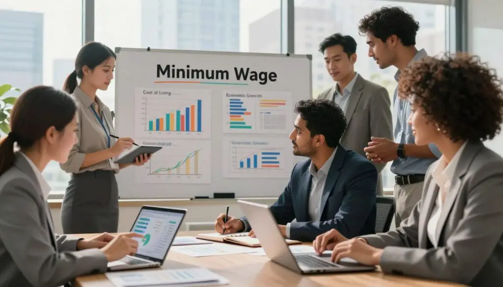 A visually striking scene illustrating the factors influencing minimum wage, set in a modern office environment. In the foreground, a diverse group of professionals in business attire, including a Caucasian woman analyzing data on a tablet, a South Asian man jotting notes on a notepad, and a Black woman discussing with a laptop open in front of her. In the middle, a large whiteboard filled with colorful graphs, charts, and key words like "Cost of Living" and "Economic Growth." The background reveals a city skyline through large windows, bathed in warm, natural light, creating an optimistic atmosphere. The image emphasizes collaboration and analysis, capturing the essence of economic discussions surrounding minimum wage.