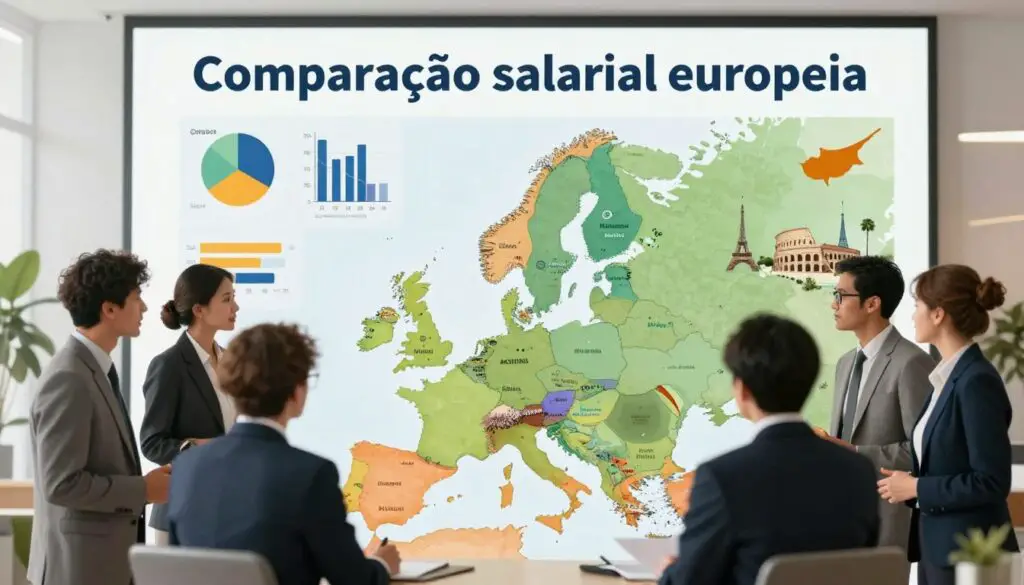A vivid illustration depicting a "Comparação salarial europeia" scene. In the foreground, a group of diverse professionals dressed in smart business attire engaged in discussion over a large map of Europe, highlighting different countries and their minimum wages. The middle ground features a digital overlay of bar graphs and pie charts, contrasting salary data across various EU nations, emphasizing Cyprus. The background showcases iconic European landmarks, such as the Eiffel Tower, Colosseum, and Brandenburg Gate, symbolizing unity within Europe. The lighting should be bright and inviting, simulating a modern office environment, with a slight focus effect on the professionals to highlight their engagement. The overall atmosphere should convey a sense of collaboration and determination towards financial equality and understanding.