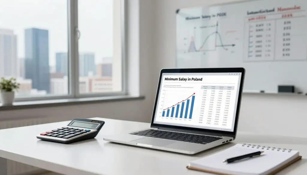 Visualize a professional workspace focused on calculating minimum salary in Poland for 2026. In the foreground, display a modern desk with a laptop open, showing graphs and charts related to salary adjustments and cost of living metrics. Include a polished calculator and a notepad filled with calculations and notes. In the middle ground, place a large window that overlooks a contemporary city skyline, symbolizing economic growth. Soft, natural light streams in, enhancing the atmosphere of productivity and analysis. The background features a whiteboard with key figures and formulas related to minimum wage calculations. Ensure all elements evoke a sense of professionalism and focus, capturing the theme of adjustments and financial planning.