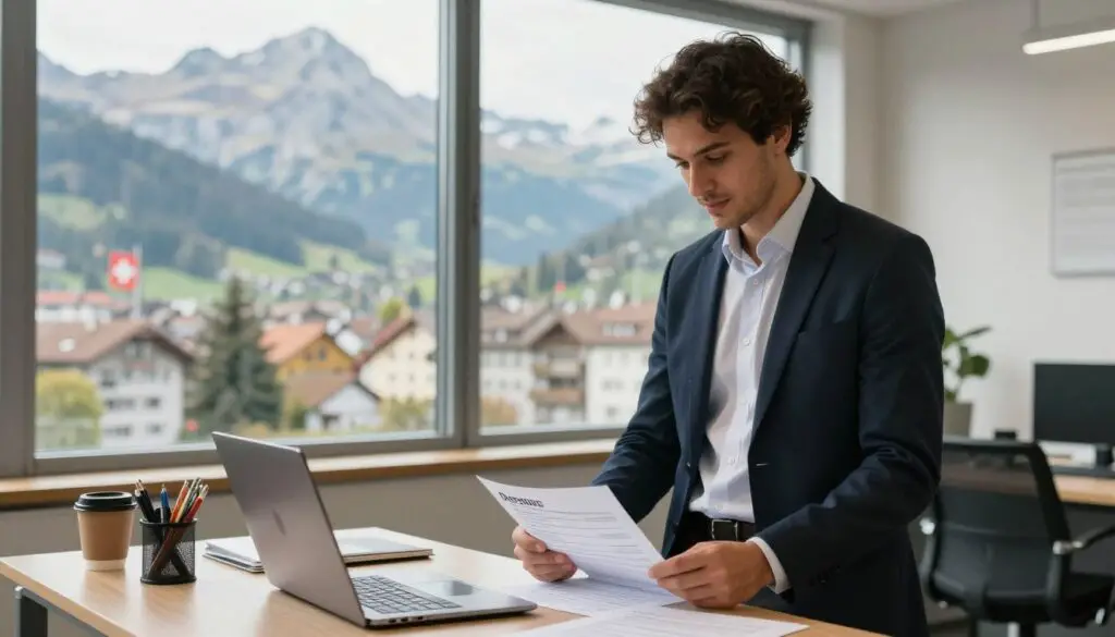 A Brazilian job seeker standing confidently in an office environment in Switzerland, wearing professional business attire. In the foreground, they are reviewing a printed job application on a desk filled with a laptop, office supplies, and a coffee mug. In the middle ground, a large window reveals a scenic view of the Swiss Alps, with an inviting cityscape blending in. Soft, natural lighting pours in through the window, creating a warm and optimistic atmosphere. The image should capture the essence of seeking opportunities while embracing a new culture, highlighting a harmonious blend of modern professionalism and Swiss charm. Aim for a bright and inspiring mood, angled slightly to show the cityscape outside. A Brazilian job seeker standing confidently in an office environment in Switzerland, wearing professional business attire. In the foreground, they are reviewing a printed job application on a desk filled with a laptop, office supplies, and a coffee mug. In the middle ground, a large window reveals a scenic view of the Swiss Alps, with an inviting cityscape blending in. Soft, natural lighting pours in through the window, creating a warm and optimistic atmosphere. The image should capture the essence of seeking opportunities while embracing a new culture, highlighting a harmonious blend of modern professionalism and Swiss charm. Aim for a bright and inspiring mood, angled slightly to show the cityscape outside.