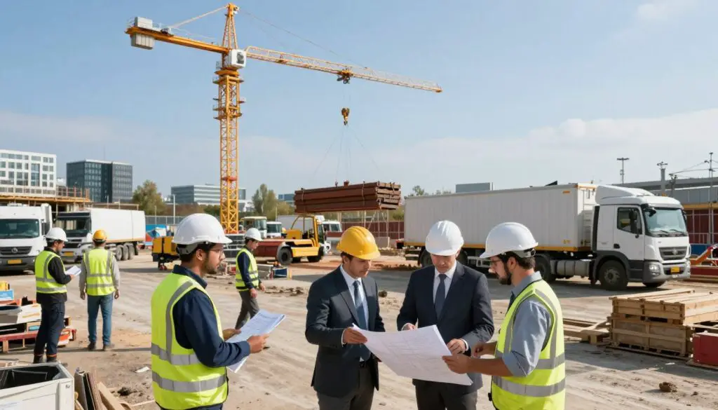 A busy construction site showcasing infrastructure logistics in the Netherlands, with workers in professional business attire engaged in various tasks. In the foreground, a diverse group of engineers and laborers inspects blueprints, discussing project details. The middle ground features cranes lifting heavy materials and trucks unloading supplies, illustrating active logistical operations. In the background, the skyline reveals modern architecture, with clear blue skies and soft sunlight illuminating the scene, creating a vibrant and dynamic atmosphere. The focus is on collaboration and efficiency in construction, emphasizing the importance of these professions in maintaining national infrastructure. Capture this scene from a slightly elevated angle to provide depth and context.