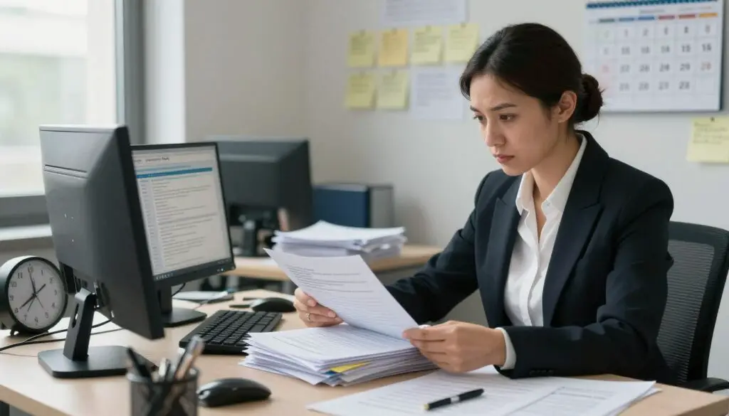 A detailed office setting depicting the challenges of bureaucracy and visa processes. In the foreground, a professional woman in business attire sits at a cluttered desk, reviewing a stack of documents with a focused expression. She is surrounded by essential items like a computer, a clock indicating tight deadlines, and a calendar filled with important dates. In the middle ground, the atmosphere conveys a sense of urgency, with papers scattered and an open laptop displaying intricate forms. The background features a wall filled with pinned reminders and a window letting in soft daylight that highlights the seriousness of the environment. The overall mood is one of determination and preparation, emphasizing the obstacles of navigating bureaucracy in the context of moving to Germany. A detailed office setting depicting the challenges of bureaucracy and visa processes. In the foreground, a professional woman in business attire sits at a cluttered desk, reviewing a stack of documents with a focused expression. She is surrounded by essential items like a computer, a clock indicating tight deadlines, and a calendar filled with important dates. In the middle ground, the atmosphere conveys a sense of urgency, with papers scattered and an open laptop displaying intricate forms. The background features a wall filled with pinned reminders and a window letting in soft daylight that highlights the seriousness of the environment. The overall mood is one of determination and preparation, emphasizing the obstacles of navigating bureaucracy in the context of moving to Germany.