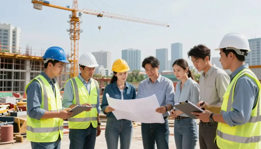 A diverse group of skilled workers stands in the foreground, showcasing men and women in professional attire, engaged in various tasks related to engineering and construction. One individual inspects blueprints, while another adjusts equipment, conveying their collaboration in a bustling work environment. In the middle ground, you can see a modern construction site with cranes, scaffolding, and various tools, emphasizing the demand for skilled labor. The background features a city skyline under a bright, clear sky, symbolizing growth and opportunity. Soft, natural lighting enhances the scene, capturing a dynamic yet professional atmosphere. The angle showcases the workers from a slightly elevated perspective, allowing the viewer to feel immersed in this essential labor landscape. A diverse group of skilled workers stands in the foreground, showcasing men and women in professional attire, engaged in various tasks related to engineering and construction. One individual inspects blueprints, while another adjusts equipment, conveying their collaboration in a bustling work environment. In the middle ground, you can see a modern construction site with cranes, scaffolding, and various tools, emphasizing the demand for skilled labor. The background features a city skyline under a bright, clear sky, symbolizing growth and opportunity. Soft, natural lighting enhances the scene, capturing a dynamic yet professional atmosphere. The angle showcases the workers from a slightly elevated perspective, allowing the viewer to feel immersed in this essential labor landscape.