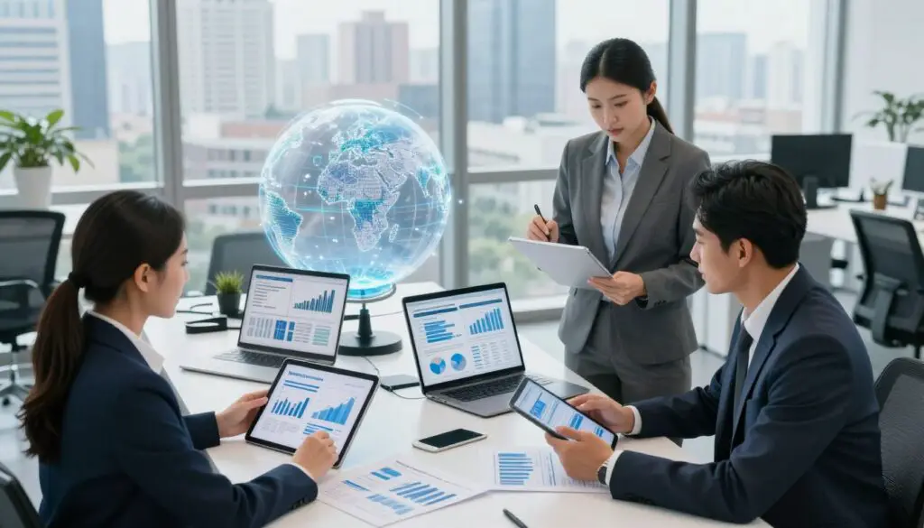 A modern office environment filled with elements representing finance, accounting, and compliance. In the foreground, a diverse group of three professionals, one woman and two men, dressed in smart business attire, are engaged in a discussion over digital tablets and financial reports. The middle layer features a sleek desk with open laptops displaying financial graphs and compliance documents, and a glowing globe representing global connectivity. In the background, large windows reveal a city skyline under bright, natural daylight, suggesting a dynamic and thriving business atmosphere. The overall mood is focused and collaborative, conveying urgency and professionalism in the finance sector. Use a high angle view to capture the vibrancy of this workspace, with soft, even lighting to emphasize clarity and detail.