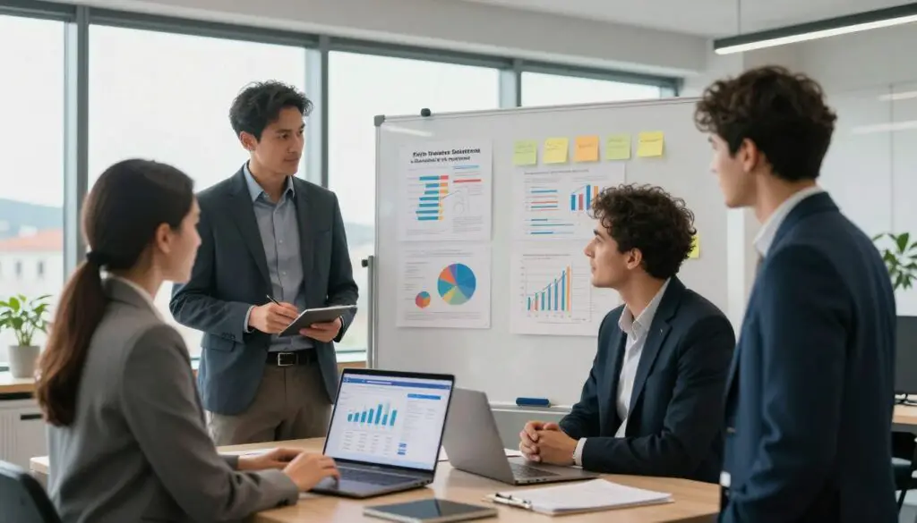 A modern office environment in Croatia showcasing a diverse group of professionals engaged in discussions about job vacancies and unemployment statistics. In the foreground, three individuals—one woman in a tailored blazer and two men in smart business attire—look at a laptop screen displaying graphs and data. The middle of the scene includes a large, transparent whiteboard filled with colorful charts and post-it notes, indicating brainstorming and strategic planning. The background features large windows with a view of the Croatian skyline, creating a sense of openness and opportunity. Soft, natural lighting floods the space, highlighting the collaborative atmosphere. The overall mood is focused and optimistic, reflecting the dynamic job market and its potential.
