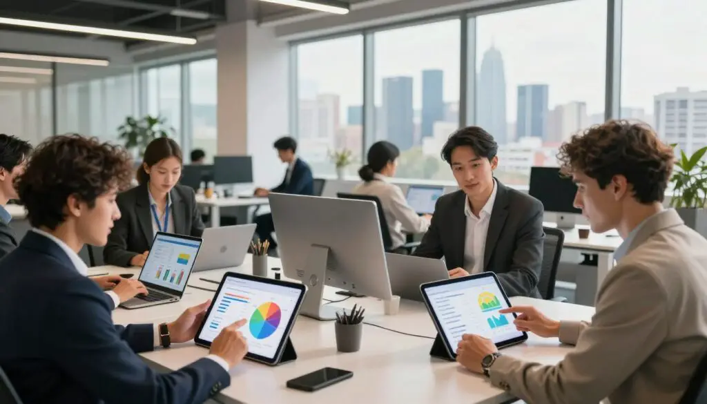 A modern office environment in Spain, illustrating the technology sector's salary landscape in 2026. In the foreground, a diverse group of professionals in smart business attire are analyzing colorful graphs and charts on digital tablets, displaying varying salary ranges by job roles. The middle ground showcases sleek, modern desks with high-tech devices, with large windows providing natural light and a view of a bustling city skyline in the background. Bright, warm lighting enhances a productive and optimistic atmosphere, while a muted color palette maintains a professional tone. The composition should focus on collaboration, innovation, and the evolving nature of the tech industry in Spain.