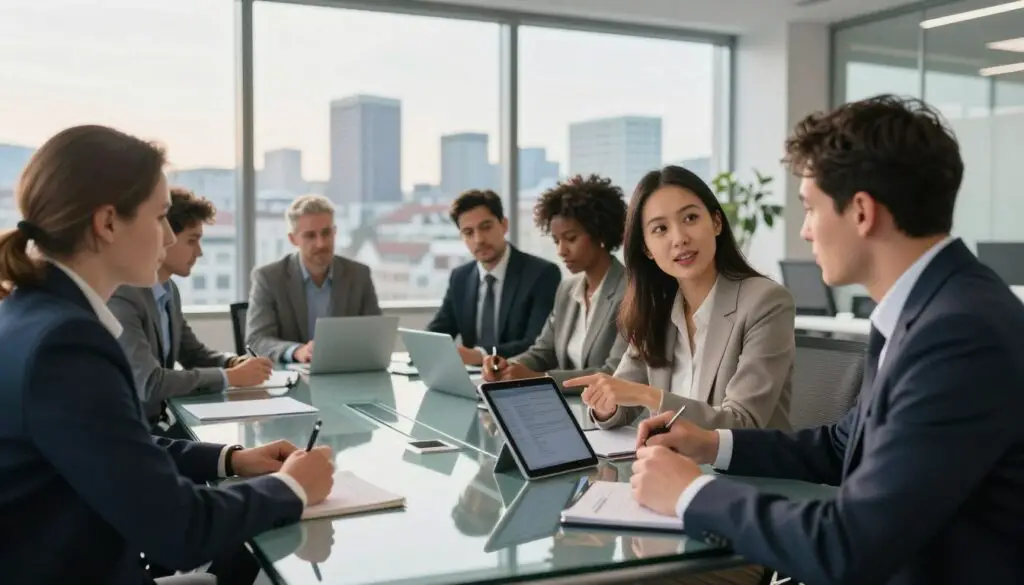 A modern office environment showcasing a diverse group of professionals in business attire, engaged in a collaborative meeting. In the foreground, a confident woman of Asian descent points at a digital tablet, sharing insights, while a Caucasian man in a suit listens intently, making notes. The middle ground features a glass conference table surrounded by more professionals, including a Black woman and a Hispanic man, all focused and exchanging ideas. The background displays large windows with a view of a Swiss city skyline, bathed in soft, natural daylight casting a warm glow across the room. The atmosphere is dynamic and forward-thinking, reflecting the high demand for sought-after professional profiles in Switzerland. High-quality, sharp focus, wide-angle lens for depth. A modern office environment showcasing a diverse group of professionals in business attire, engaged in a collaborative meeting. In the foreground, a confident woman of Asian descent points at a digital tablet, sharing insights, while a Caucasian man in a suit listens intently, making notes. The middle ground features a glass conference table surrounded by more professionals, including a Black woman and a Hispanic man, all focused and exchanging ideas. The background displays large windows with a view of a Swiss city skyline, bathed in soft, natural daylight casting a warm glow across the room. The atmosphere is dynamic and forward-thinking, reflecting the high demand for sought-after professional profiles in Switzerland. High-quality, sharp focus, wide-angle lens for depth.