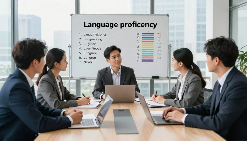 A professional business meeting in a modern office setting, highlighting the concept of language proficiency in hiring. In the foreground, a diverse group of two to three business professionals, dressed in smart business attire, are engaged in a discussion around a sleek conference table filled with documents and laptops. In the middle ground, a large whiteboard displays various language options and skill levels, symbolizing the importance of language in recruitment. The background features large windows with a view of an urban skyline, allowing natural light to pour into the room, creating a bright and optimistic atmosphere. The image is captured from a slightly elevated angle, emphasizing the collaboration and focus on language skills in the hiring process.