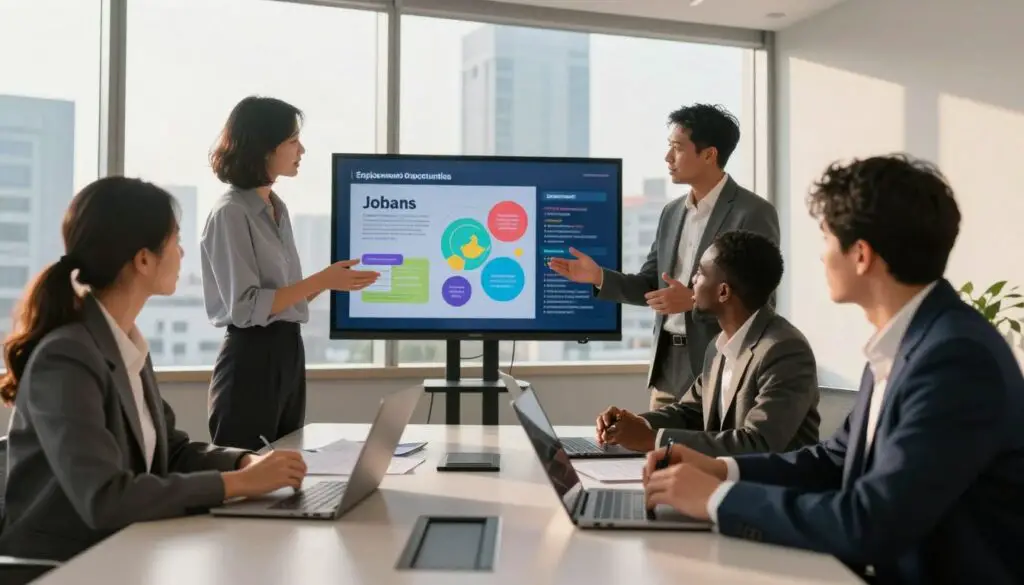 A professional business setting showcasing a diverse group of individuals in smart casual attire discussing employment opportunities. In the foreground, a man and a woman, both with laptops, reviewing documents together at a sleek modern conference table. In the middle, a small group of three people, a mix of ages and ethnicities, engaging in a spirited discussion, gesturing at a digital screen displaying a colorful infographic of job statistics. The background features a large window with a view of a bustling cityscape, bathed in warm afternoon sunlight that casts soft shadows across the room. The overall atmosphere is one of collaboration and optimism, highlighting the significance of addressing job shortages and opportunities in 2026.