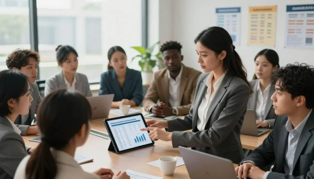 A professional office setting filled with diverse individuals engaged in discussions about salaries and job recruitment. In the foreground, a confident woman in a tailored business suit points at a digital tablet displaying salary figures and charts, while a diverse group of professionals, including men and women of different ethnicities, gather around her, listening intently. The middle ground features a large window letting in natural light, illuminating a modern office with sleek furniture and plants. In the background, soft focus images of job advertisements and salary charts on walls subtly reinforce the theme of employment. The overall atmosphere is one of collaboration, urgency, and focus, with warm lighting creating an inviting yet professional mood, captured from a slightly elevated angle for a comprehensive perspective.