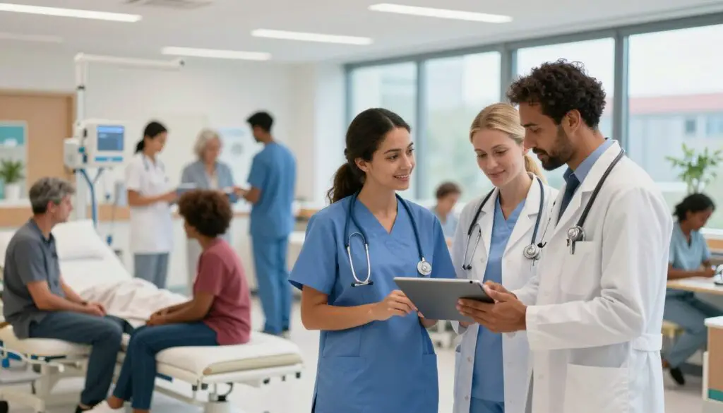 A vibrant and bustling healthcare environment illustrating high demand for medical professionals in the Netherlands, set in a modern hospital. In the foreground, a diverse group of healthcare workers, including a nurse, a doctor, and a physiotherapist, all dressed in professional medical attire, are collaborating around a digital tablet. In the middle ground, patients are being attended to, showcasing a lively atmosphere of care and support. The background features sleek hospital design, large windows allowing natural light to flood in, and modern medical equipment visible. The scene conveys a sense of urgency and dedication, with a soft focus on the healthcare staff's expressions, highlighting their commitment. The lighting is bright and inviting, enhancing the overall positive, hopeful mood.
